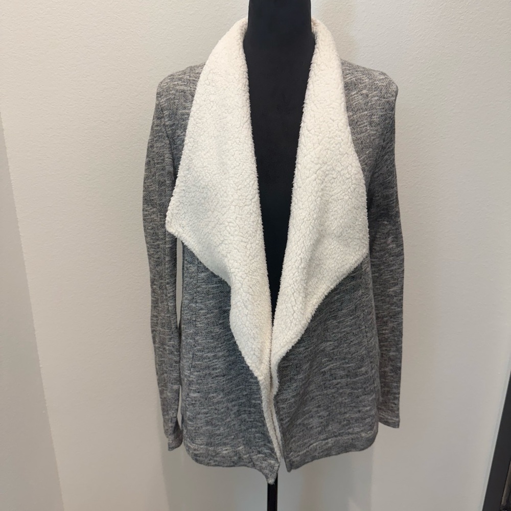 Gray and White Open Front Cardigan